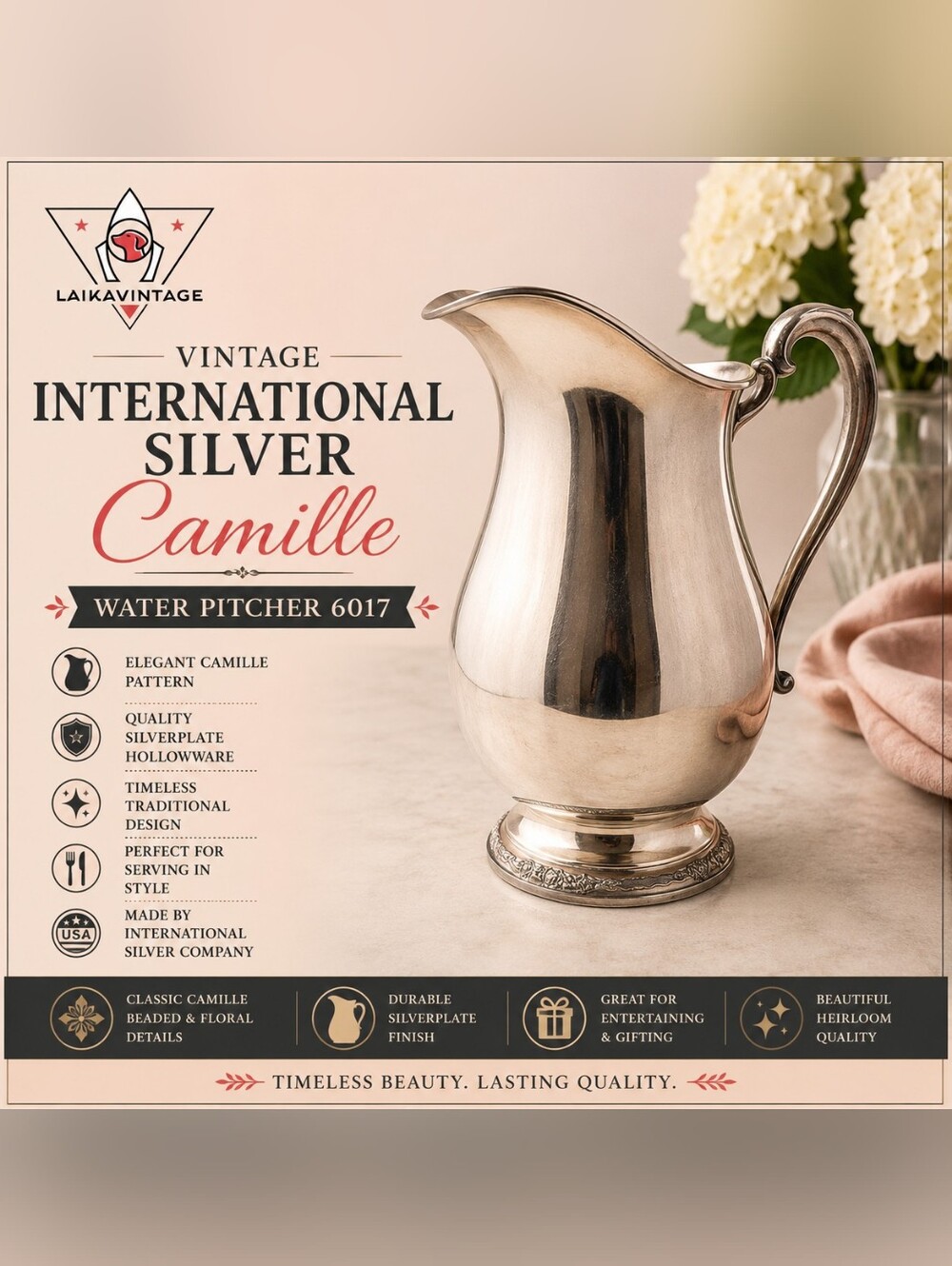 International Silver Art Deco Camille Silverplate Traditional Water Pitcher 6017